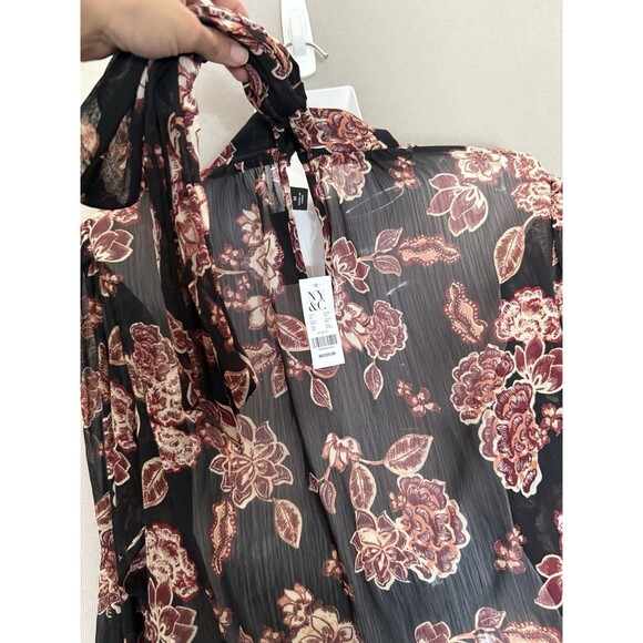 NY&Co Sheer Floral Blouse Medium Front Back Tie Neck  Fall Tones Ruched Sleeves - Picture 13 of 15